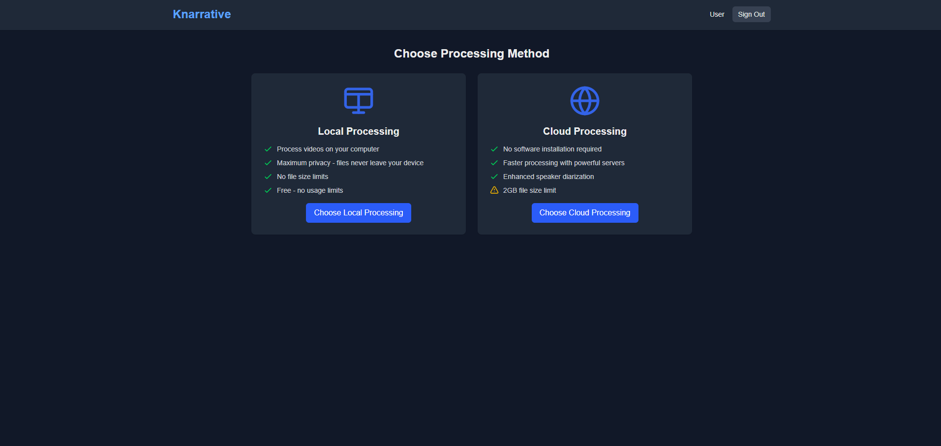 Knarrative Homepage - Choose Processing Method Interface